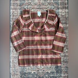 Devon Baer plaid silk blouse top Plaid Ruffle Neck Blouse
